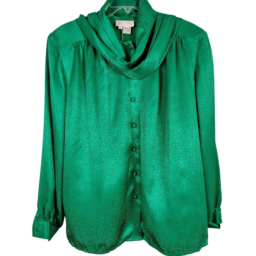 Doncaster Women 12 Scarf Neck Blouse Green Jacquard Vintage Officecore old money